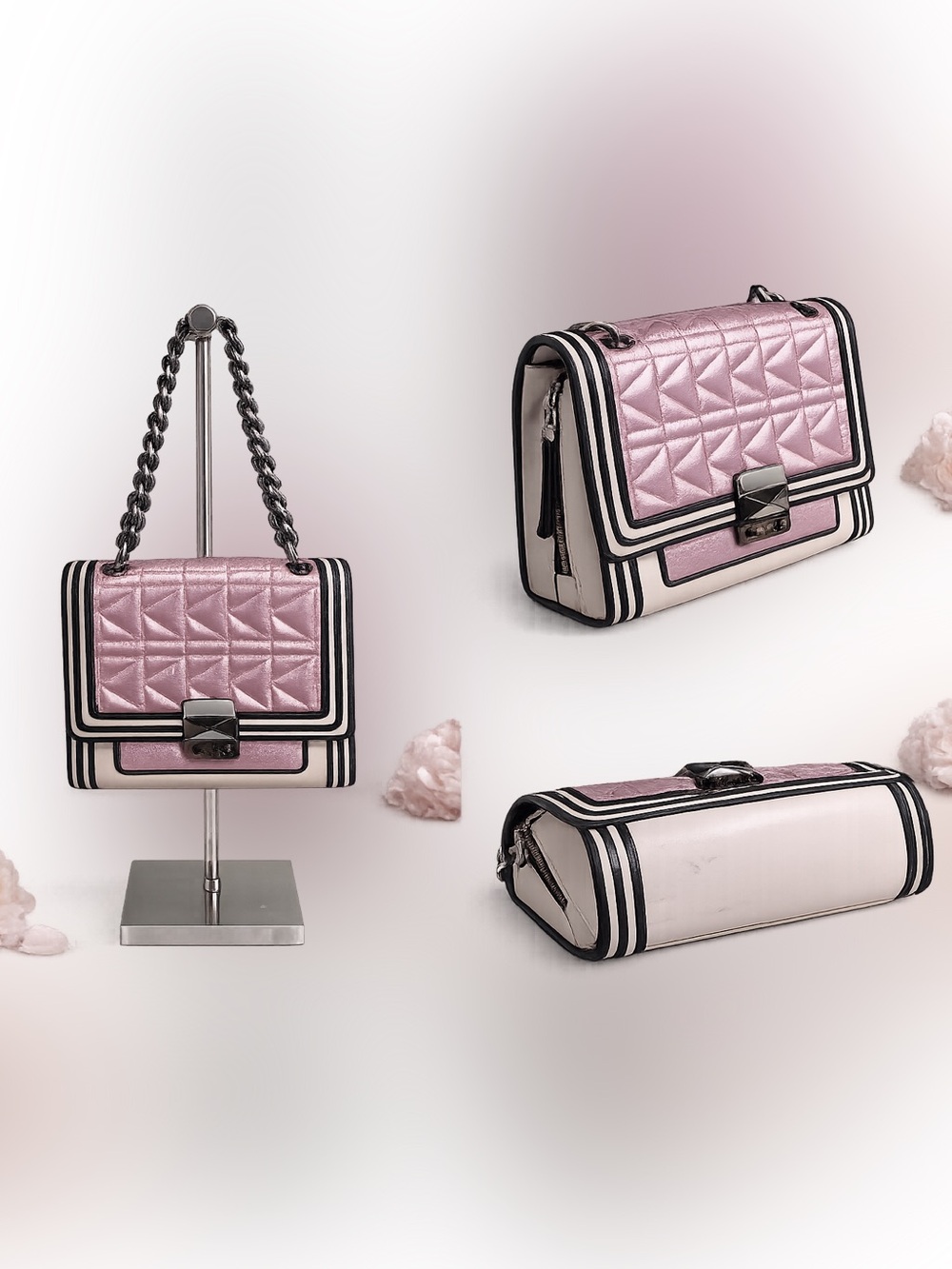 Karl Lagerfeld Paris Metallic Pink Quilted‎ Flap Chain shoulder Bag structured